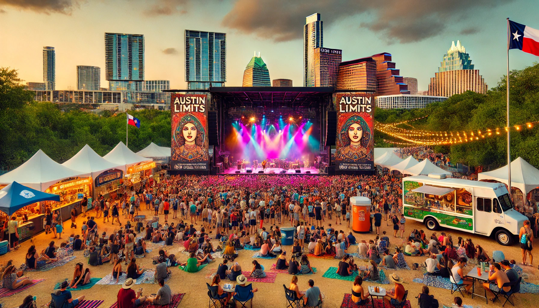 A lively scene at the Austin City Limits 2024 festival in Zilker Park, Austin, Texas. Festival-goers are gathered in front of a large stage with colorful lights, enjoying live music. The downtown Austin skyline, featuring its iconic skyscrapers, is visible in the background. People relax on blankets, dance, and explore food trucks and vendor booths. Sustainability-themed elements include banners promoting eco-friendly practices, recycling stations, and reusable water bottles. The atmosphere is festive and eco-conscious.