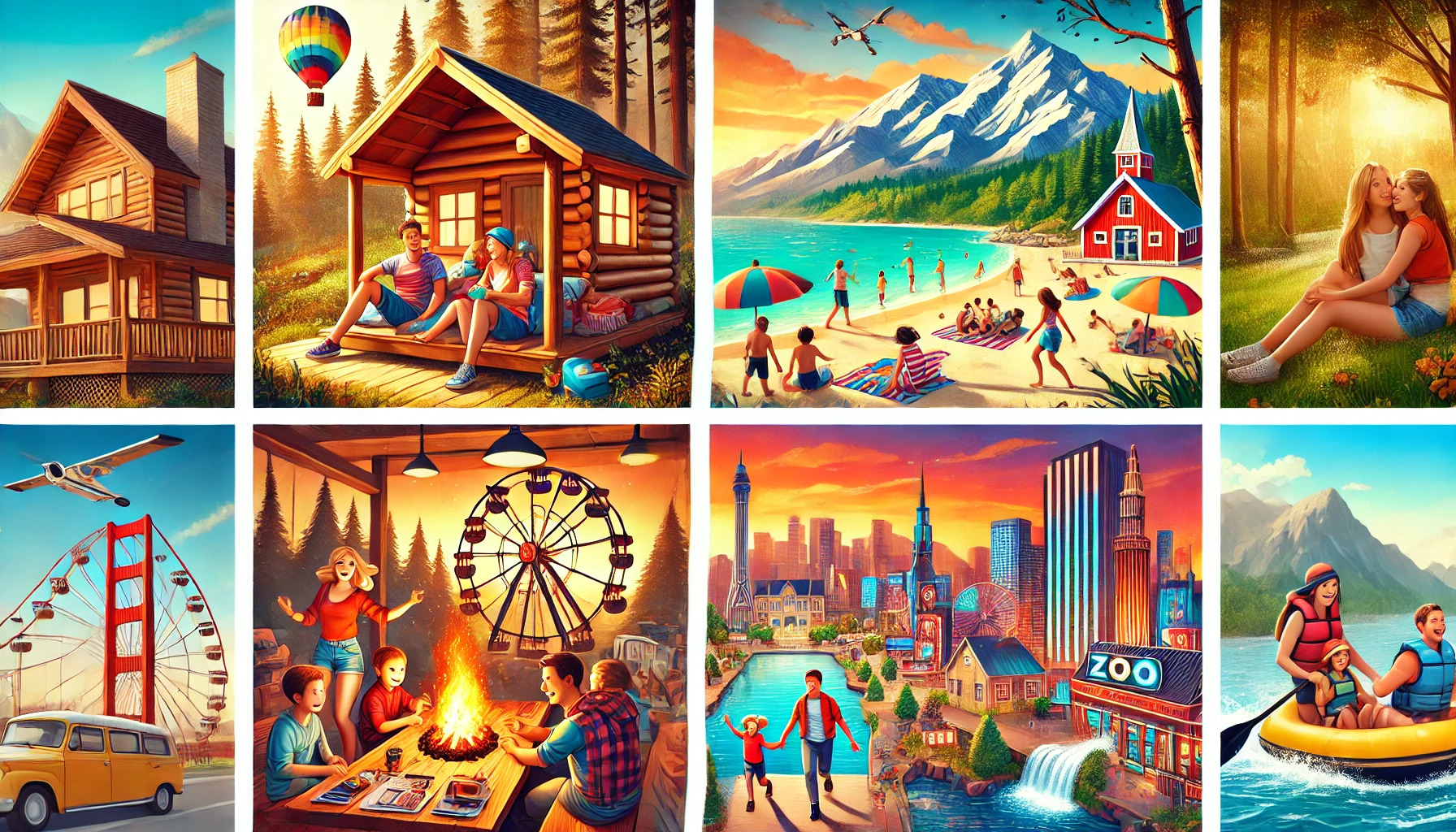 "A vibrant collage of budget-friendly family vacation destinations in the USA. The image showcases 1) a scenic Yellowstone National Park with families admiring geysers and wildlife, 2) the Great Smoky Mountains National Park with families hiking along forested trails, 3) sunny Myrtle Beach with families enjoying the sandy shoreline and ocean waves, 4) the U.S. Capitol in Washington D.C., where families explore museums and monuments, and 5) San Diego’s Balboa Park, featuring families at the zoo and strolling through the park's gardens."