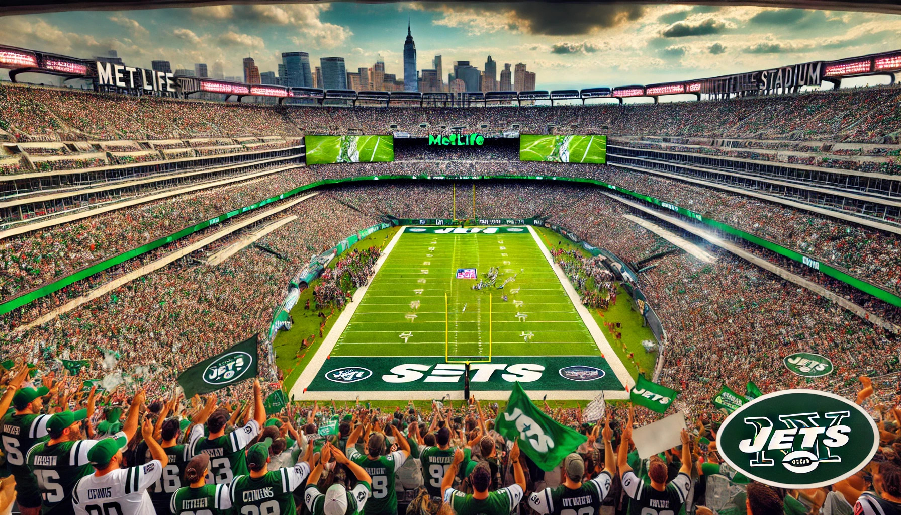 A vibrant scene at MetLife Stadium during a New York Jets football game. The stadium is filled with excited fans dressed in green and white, waving flags and cheering. The bright green field has crisp white yard lines, and the Jets players are captured mid-action. A large video board displays close-ups of the game, and faintly in the distance, the New York City skyline is visible under a slightly cloudy sky. Team banners and logos surround the stadium, enhancing the energetic atmosphere.